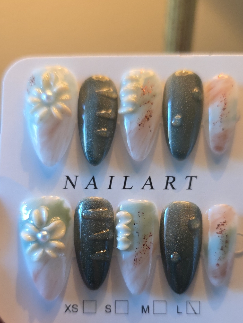 Green Shimmer and Cream Floral Press-On Nails Size Large